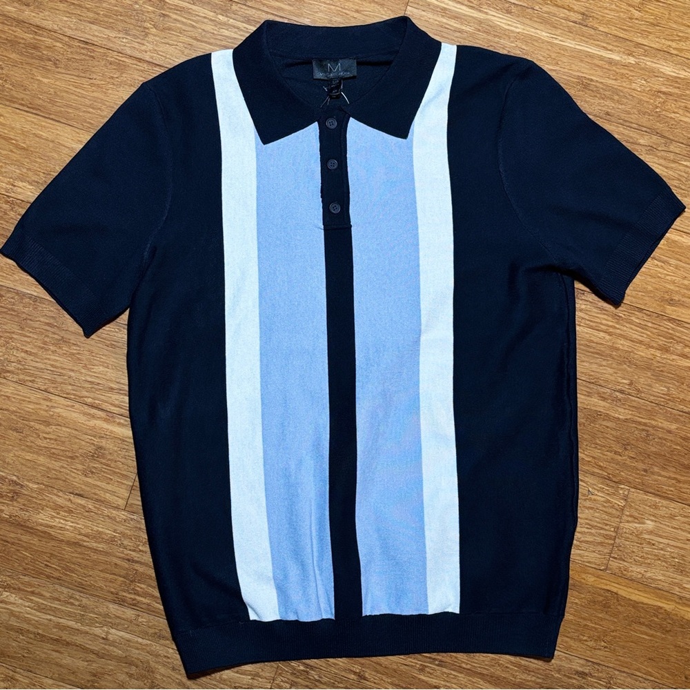 NWT Magaschoni Dark Blue and Light Blue Button-Up Short Sleeve Sweater Shirt